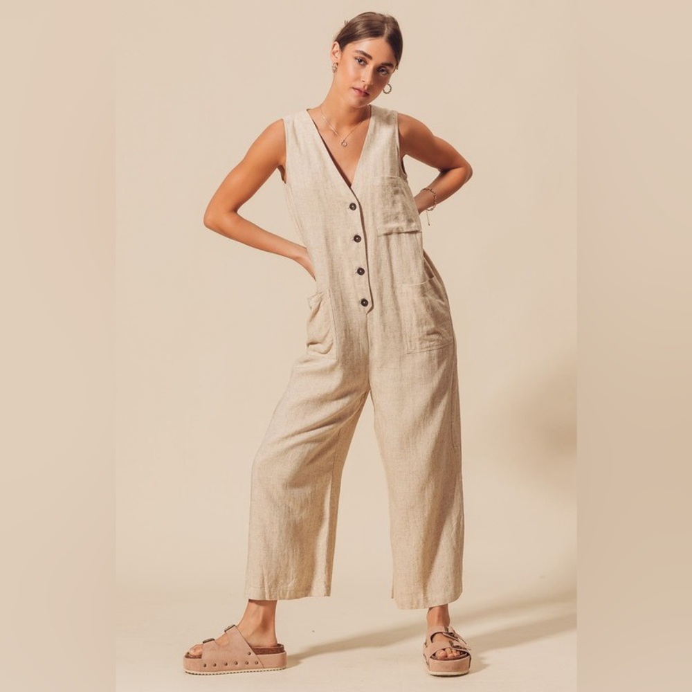 So Me Linen Blend V-Neck Button Down Jumpsuit